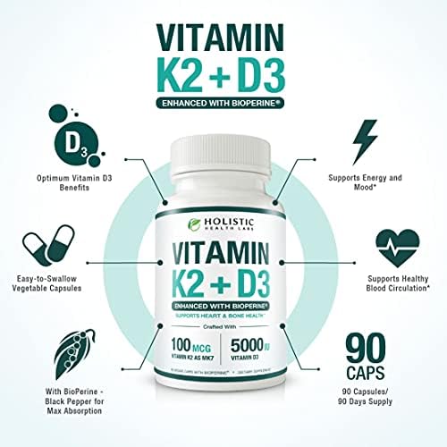 Vitaminas K2 + D3 (5000UI) 90 Cápsulas Veganas de MK-7 y Colecalciferol (Con BioPerine) – Suministro para 3 Meses para Corazón Saludable y Huesos - imagen 2