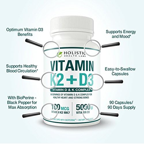 Vitaminas K2 + D3 (5000UI) 90 Cápsulas Veganas de MK-7 y Colecalciferol (Con BioPerine) – Suministro para 3 Meses para Corazón Saludable y Huesos - imagen 5
