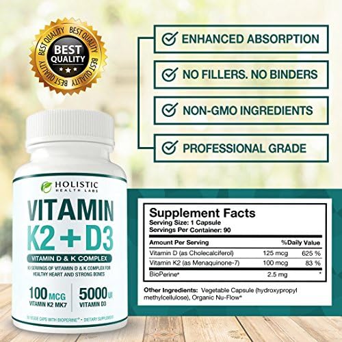 Vitaminas K2 + D3 (5000UI) 90 Cápsulas Veganas de MK-7 y Colecalciferol (Con BioPerine) – Suministro para 3 Meses para Corazón Saludable y Huesos - imagen 6