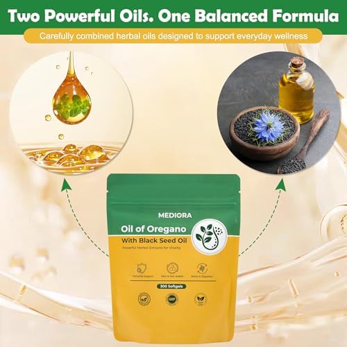 Mediora Aceite de Orégano con Aceite de Semilla Negra en Softgels, 300 Cápsulas, 2 en 1 Orgánicas para Digestión e Inmunidad, Libre de Gluten y No GMO - imagen 2
