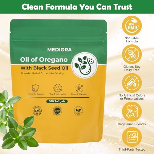 Mediora Aceite de Orégano con Aceite de Semilla Negra en Softgels, 300 Cápsulas, 2 en 1 Orgánicas para Digestión e Inmunidad, Libre de Gluten y No GMO - imagen 5