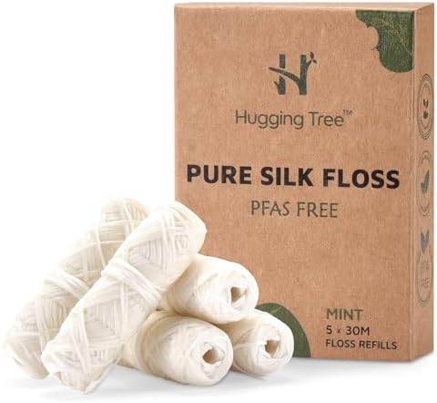 HUGGING TREE Refil de Hilo Dental de Seda Natural | Hilo Dental Libre de PFAS | Biodegradable y Cero Residuos | Menta (5 Paquetes, 33 Yardas Cada Uno) - imagen 1