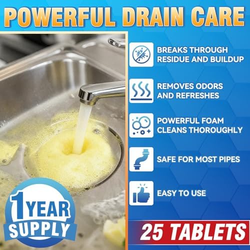 Tabletas Limpiadoras y Desodorantes para Desechos, 25 Piezas, Limpiador de Desagües Espumoso, Elimina Residuos y Olores en Cocina, Baño y WC, - imagen 3