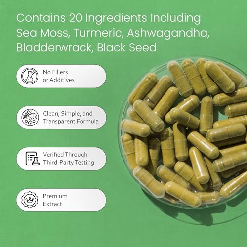 Moss Marino, Aceite de Semilla Negra, Bladderwrack, Cúrcuma, Ashwagandha, Bardana, Vitamina C, D3, Raíz de Yellow Dock, Manuka, Diente de León - 90 - imagen 3