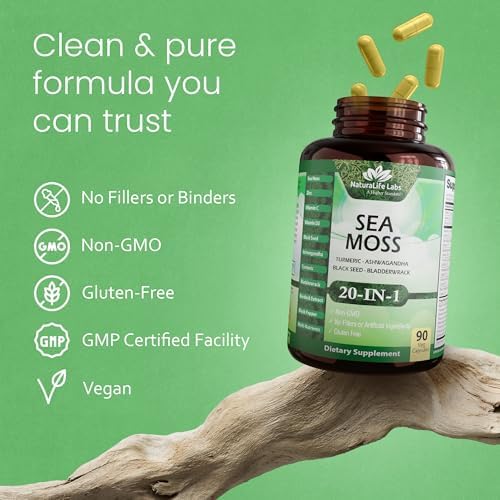 Moss Marino, Aceite de Semilla Negra, Bladderwrack, Cúrcuma, Ashwagandha, Bardana, Vitamina C, D3, Raíz de Yellow Dock, Manuka, Diente de León - 90 - imagen 6