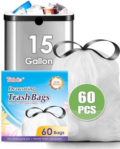 Bolsas de Basura de Cocina Teivio de 15 Galones, 60 Cuentas, Resistentes, con Cinta, para Hogar, Oficina y Jardín, Color Blanco - imagen 1