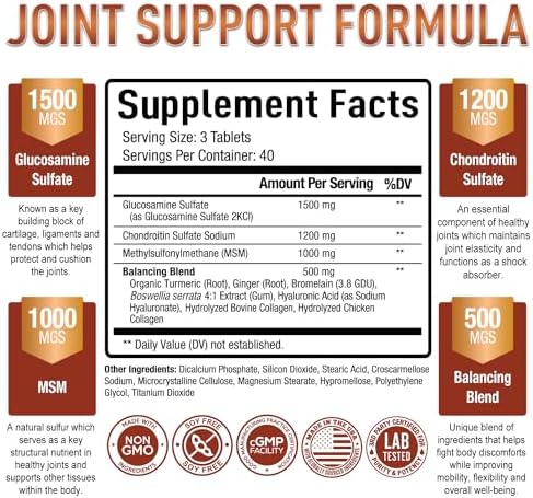 Suplemento de Glucosamina y Condroitina MSM Purely Optimal con Cúrcuma y Boswellia - Suplemento Articular para Hombres y Mujeres - 120 Tabletas - imagen 2