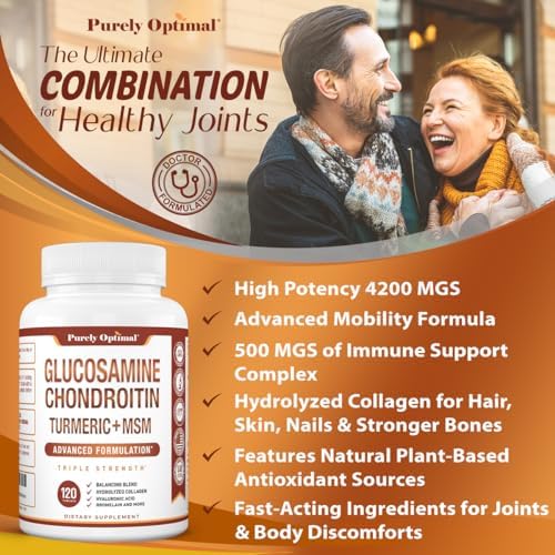 Suplemento de Glucosamina y Condroitina MSM Purely Optimal con Cúrcuma y Boswellia - Suplemento Articular para Hombres y Mujeres - 120 Tabletas - imagen 5