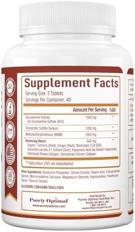 Suplemento de Glucosamina y Condroitina MSM Purely Optimal con Cúrcuma y Boswellia - Suplemento Articular para Hombres y Mujeres - 120 Tabletas - imagen 6