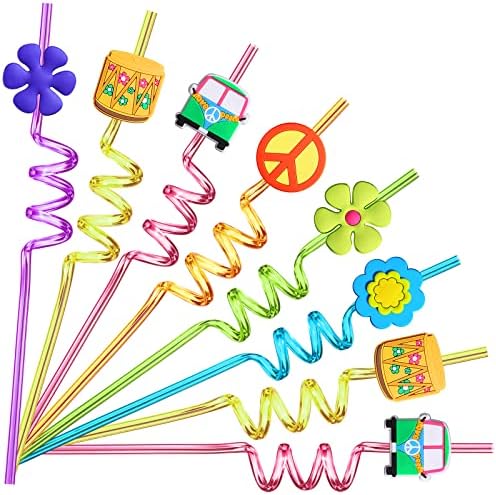Favoritos para Fiesta de los 60's, 24 Recortes Retro de Flores, Popotes de Paz y Limpieza, Suministros para Fiesta Psicodélica y Cumpleaños Tie Dye - imagen 1