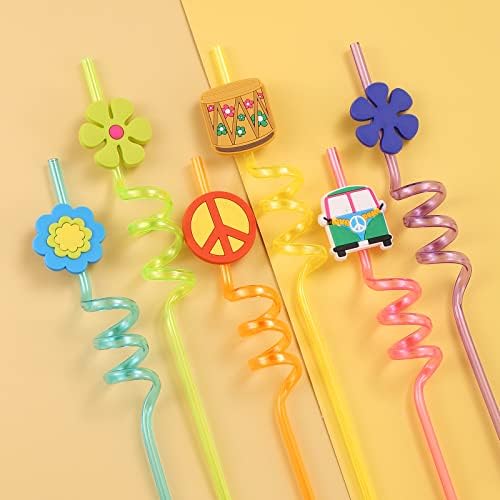 Favoritos para Fiesta de los 60's, 24 Recortes Retro de Flores, Popotes de Paz y Limpieza, Suministros para Fiesta Psicodélica y Cumpleaños Tie Dye - imagen 2