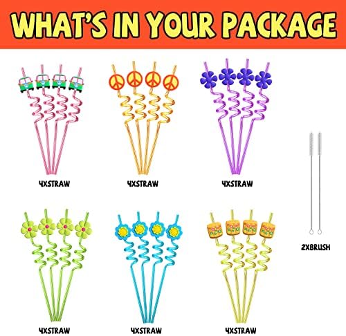 Favoritos para Fiesta de los 60's, 24 Recortes Retro de Flores, Popotes de Paz y Limpieza, Suministros para Fiesta Psicodélica y Cumpleaños Tie Dye - imagen 3