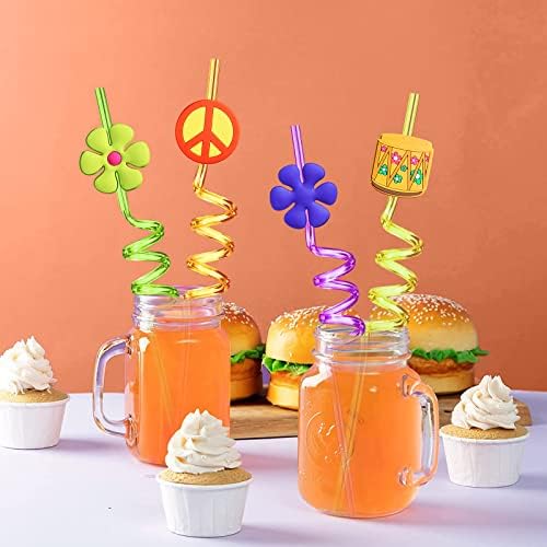 Favoritos para Fiesta de los 60's, 24 Recortes Retro de Flores, Popotes de Paz y Limpieza, Suministros para Fiesta Psicodélica y Cumpleaños Tie Dye - imagen 4