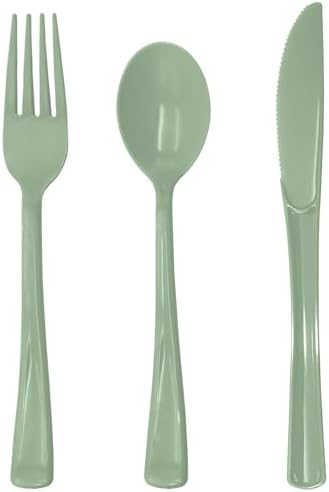 Juego de Utensilios de Plástico Verde Salvia de 150 Piezas: 50 Cucharas, 50 Cuchillos y 50 Tenedores Desechables para Cumpleaños, Baby Shower, - imagen 1