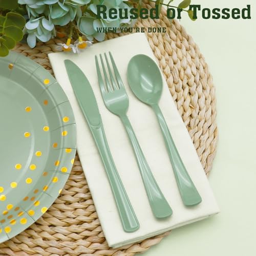 Juego de Utensilios de Plástico Verde Salvia de 150 Piezas: 50 Cucharas, 50 Cuchillos y 50 Tenedores Desechables para Cumpleaños, Baby Shower, - imagen 3