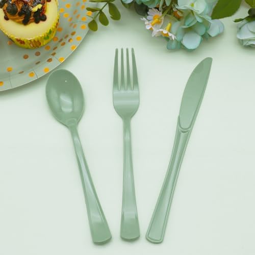 Juego de Utensilios de Plástico Verde Salvia de 150 Piezas: 50 Cucharas, 50 Cuchillos y 50 Tenedores Desechables para Cumpleaños, Baby Shower, - imagen 5