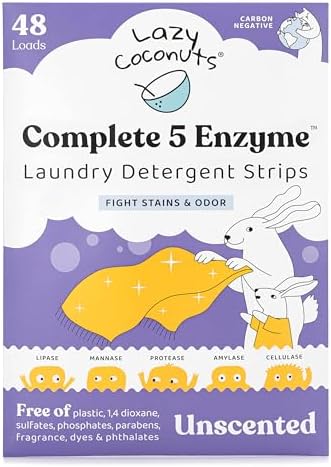 Lazy Coconuts Detergente en Tiras Completo 5 Enzimas - Sin Fragancia, 48 Cargas - Libre de Sulfatos, Combate Manchas y Olores Naturales - imagen 1