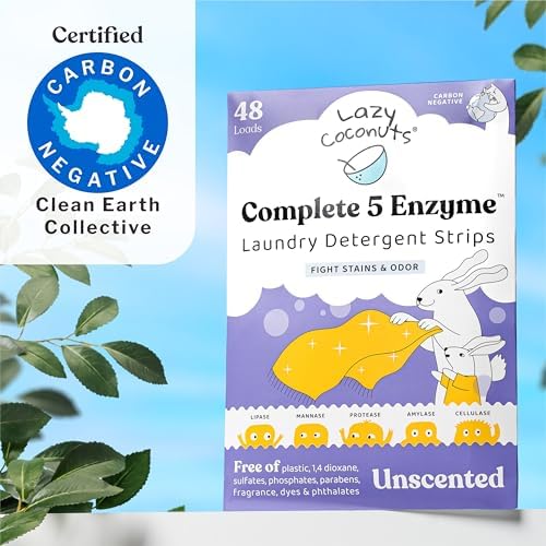 Lazy Coconuts Detergente en Tiras Completo 5 Enzimas - Sin Fragancia, 48 Cargas - Libre de Sulfatos, Combate Manchas y Olores Naturales - imagen 5