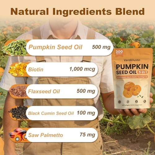 Aceite de Semilla de Calabaza con Palma Enana | 300 Softgels | Aceite de Linaza, Aceite de Semilla de Comino Negro y Biotina | Prensado en Frío, - imagen 6