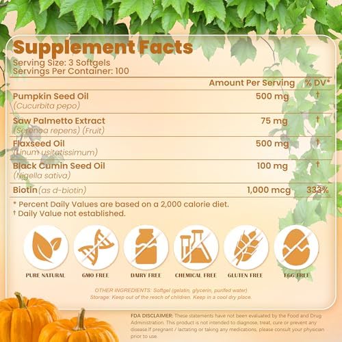 Aceite de Semilla de Calabaza con Palma Enana | 300 Softgels | Aceite de Linaza, Aceite de Semilla de Comino Negro y Biotina | Prensado en Frío, - imagen 7