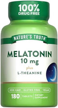 Tabletas de Melatonina Nature's Truth | 10mg | 180 Piezas | Con L-Theanina | Suplemento 100% Libre de Medicamentos para Adultos | Vegano, No GMO y - imagen 1