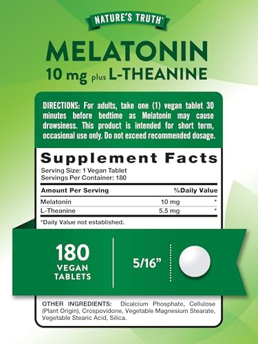 Tabletas de Melatonina Nature's Truth | 10mg | 180 Piezas | Con L-Theanina | Suplemento 100% Libre de Medicamentos para Adultos | Vegano, No GMO y - imagen 2