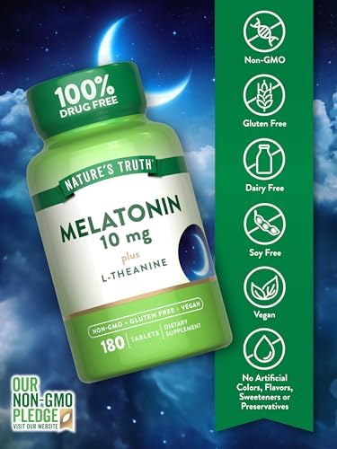 Tabletas de Melatonina Nature's Truth | 10mg | 180 Piezas | Con L-Theanina | Suplemento 100% Libre de Medicamentos para Adultos | Vegano, No GMO y - imagen 3