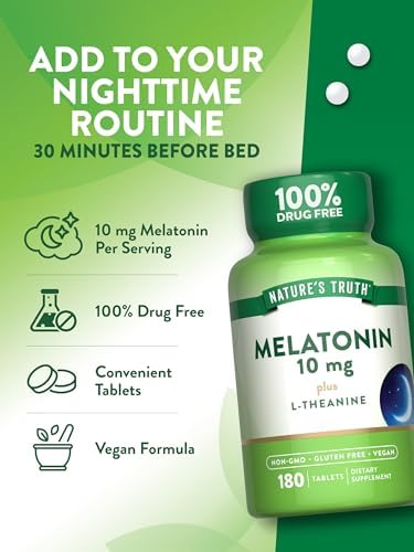 Tabletas de Melatonina Nature's Truth | 10mg | 180 Piezas | Con L-Theanina | Suplemento 100% Libre de Medicamentos para Adultos | Vegano, No GMO y - imagen 5