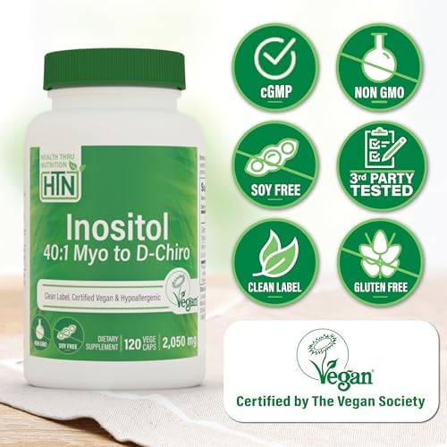 Suplemento de Inositol Health Thru Nutrition 40:1 Myo-Inositol a D-Chiro-Inositol 2050mg por porción | 120 cápsulas | Certificado Vegano | No - imagen 3