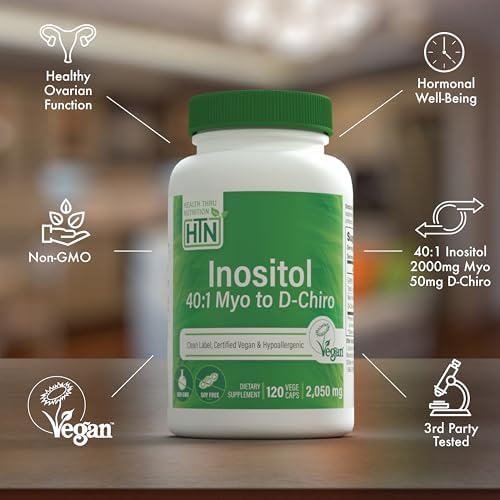 Suplemento de Inositol Health Thru Nutrition 40:1 Myo-Inositol a D-Chiro-Inositol 2050mg por porción | 120 cápsulas | Certificado Vegano | No - imagen 4