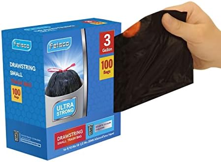 Bolsas de Basura Negras Feisco de 3 Galones, 100 Piezas, Pequeñas con Cuerda, 0.55 Mil para Bote de Basura - imagen 1
