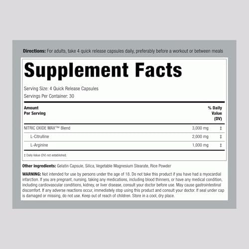 Suplemento de Óxido Nítrico Piping Rock | 3000mg | 120 Cápsulas | Mezcla Máxima con L Arginina y L Citrulina | Sin OGM, Sin Gluten - imagen 2