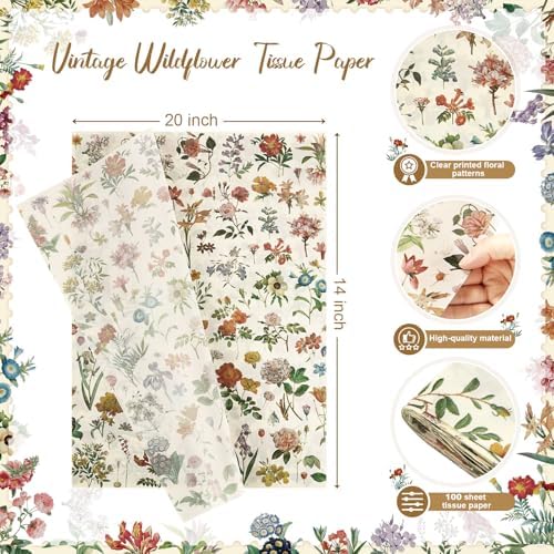 Papel de Seda Floral SUMMORO, 100 Hojas, Impresión Acuarela de Flores Silvestres, 20 x 14 Pulgadas, Ideal para Regalos, Bodas y Manualidades - imagen 2