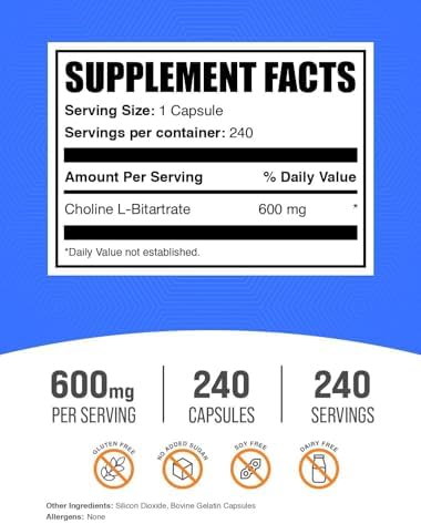 Cápsulas de Colina Bitartrato BulkSupplements.com - Suplemento de Colina 600mg, 2 Cápsulas por Porción, 240 Cápsulas (Paquete de 1) - imagen 2
