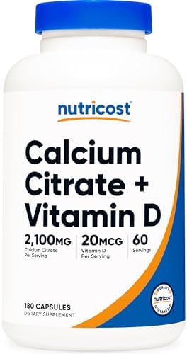 Suplemento de Citrato de Calcio Nutricost + Vitamina D (2,100mg) 180 Cápsulas - 20mcg de Vitamina D, 60 Porciones - imagen 1