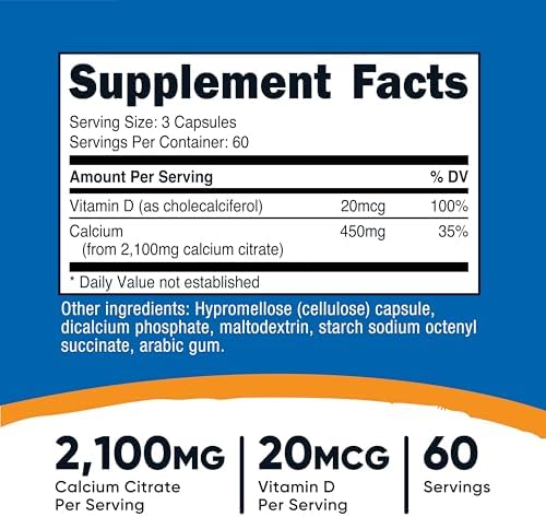 Suplemento de Citrato de Calcio Nutricost + Vitamina D (2,100mg) 180 Cápsulas - 20mcg de Vitamina D, 60 Porciones - imagen 2