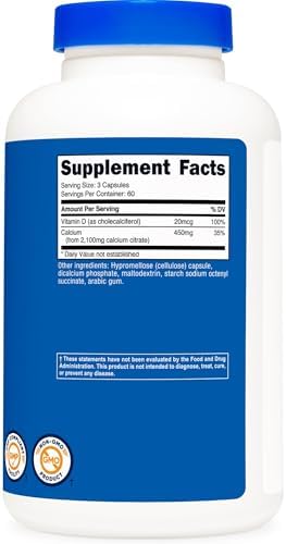 Suplemento de Citrato de Calcio Nutricost + Vitamina D (2,100mg) 180 Cápsulas - 20mcg de Vitamina D, 60 Porciones - imagen 5