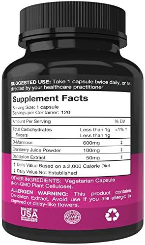 Cápsulas Purest Vantage de D-Mannose 600mg - Con Extracto de Arándano y Diente de León para Apoyo a la Vejiga y Tracto Urinario - 120 Veggie Caps - imagen 2
