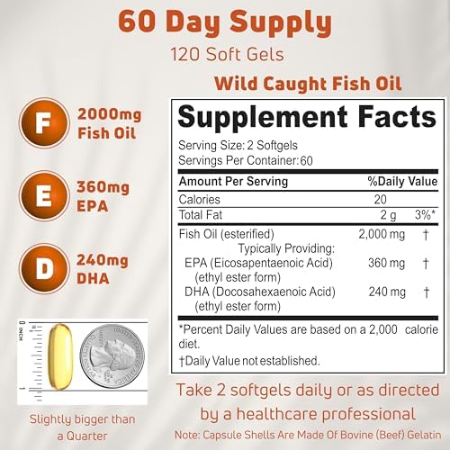 Aceite de Pescado Omega 3 2000mg - Suplemento para la Salud del Corazón y Funciones Cerebrales - No GMO, Sin Gluten, Keto - 60 Porciones, 120 - imagen 2