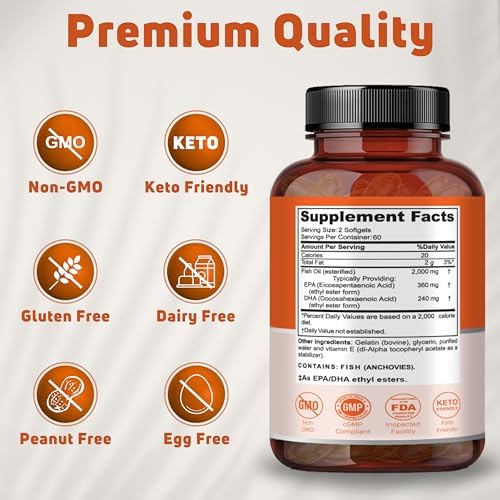 Aceite de Pescado Omega 3 2000mg - Suplemento para la Salud del Corazón y Funciones Cerebrales - No GMO, Sin Gluten, Keto - 60 Porciones, 120 - imagen 4