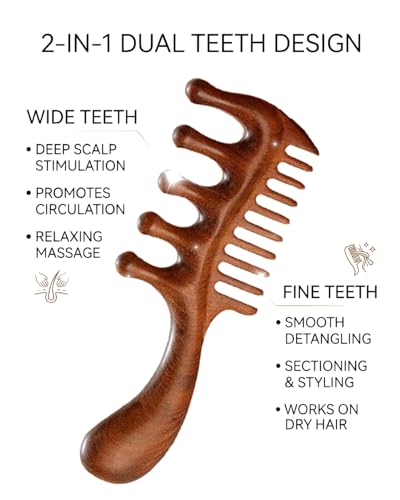 Peine Masajeador de Cuero Cabelludo de Madera – Peine de Dientes Anchos y Finos con Mango para Crecimiento Capilar, Cuidado del Cuero Cabelludo y - imagen 2