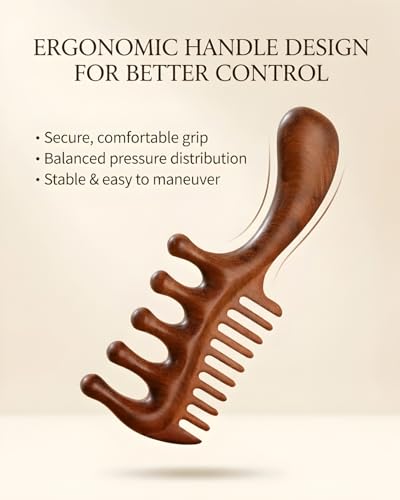 Peine Masajeador de Cuero Cabelludo de Madera – Peine de Dientes Anchos y Finos con Mango para Crecimiento Capilar, Cuidado del Cuero Cabelludo y - imagen 4