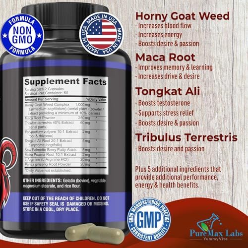 YUMMYVITE Horny Goat Weed Extra Fuerte - 120 Cápsulas con Maca, L-Arginina y Ginseng - Aumenta Deseo, Rendimiento y Energía, Fórmula No GMO - imagen 2
