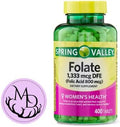 Suplemento Dietético Spring Valley Folato 1,333 mcg DFE, Ácido Fólico 800 mcg, 400 Tabletas - Salud Femenina, Metabolismo y Corazón - Paquete con - imagen 1
