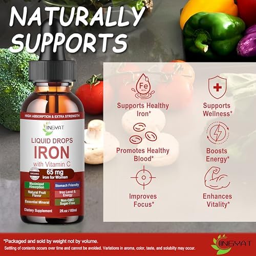 Gotas de Hierro Líquido, Suplemento de Hierro de Alta Absorción para Mujeres 65 mg, Apoyo a Glóbulos Rojos, Vegano, Con Vitamina C, 30 Porciones - imagen 2