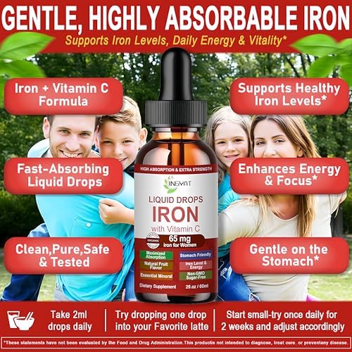 Gotas de Hierro Líquido, Suplemento de Hierro de Alta Absorción para Mujeres 65 mg, Apoyo a Glóbulos Rojos, Vegano, Con Vitamina C, 30 Porciones - imagen 3