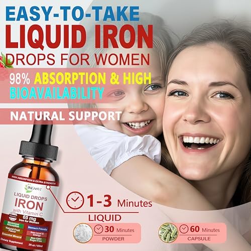 Gotas de Hierro Líquido, Suplemento de Hierro de Alta Absorción para Mujeres 65 mg, Apoyo a Glóbulos Rojos, Vegano, Con Vitamina C, 30 Porciones - imagen 4