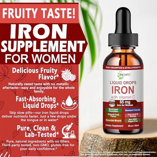 Gotas de Hierro Líquido, Suplemento de Hierro de Alta Absorción para Mujeres 65 mg, Apoyo a Glóbulos Rojos, Vegano, Con Vitamina C, 30 Porciones - imagen 5