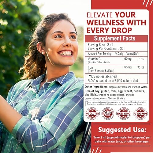 Gotas de Hierro Líquido, Suplemento de Hierro de Alta Absorción para Mujeres 65 mg, Apoyo a Glóbulos Rojos, Vegano, Con Vitamina C, 30 Porciones - imagen 7