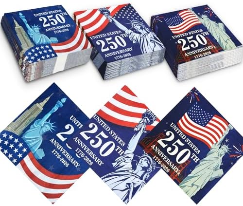 150 Piezas de Decoraciones USA 250 Aniversario, Servilletas Patrióticas 4 de Julio 6.5 x 6.5, Desechables con Bandera Americana para Fiestas y - imagen 1